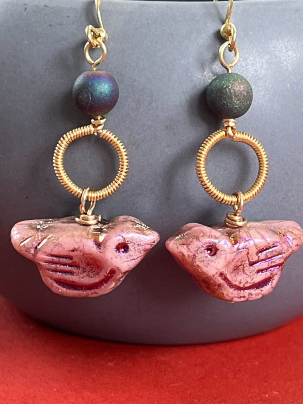 Bird Dangle Earrings | Czech Glass & Druzy Agate | Wire Wrapped